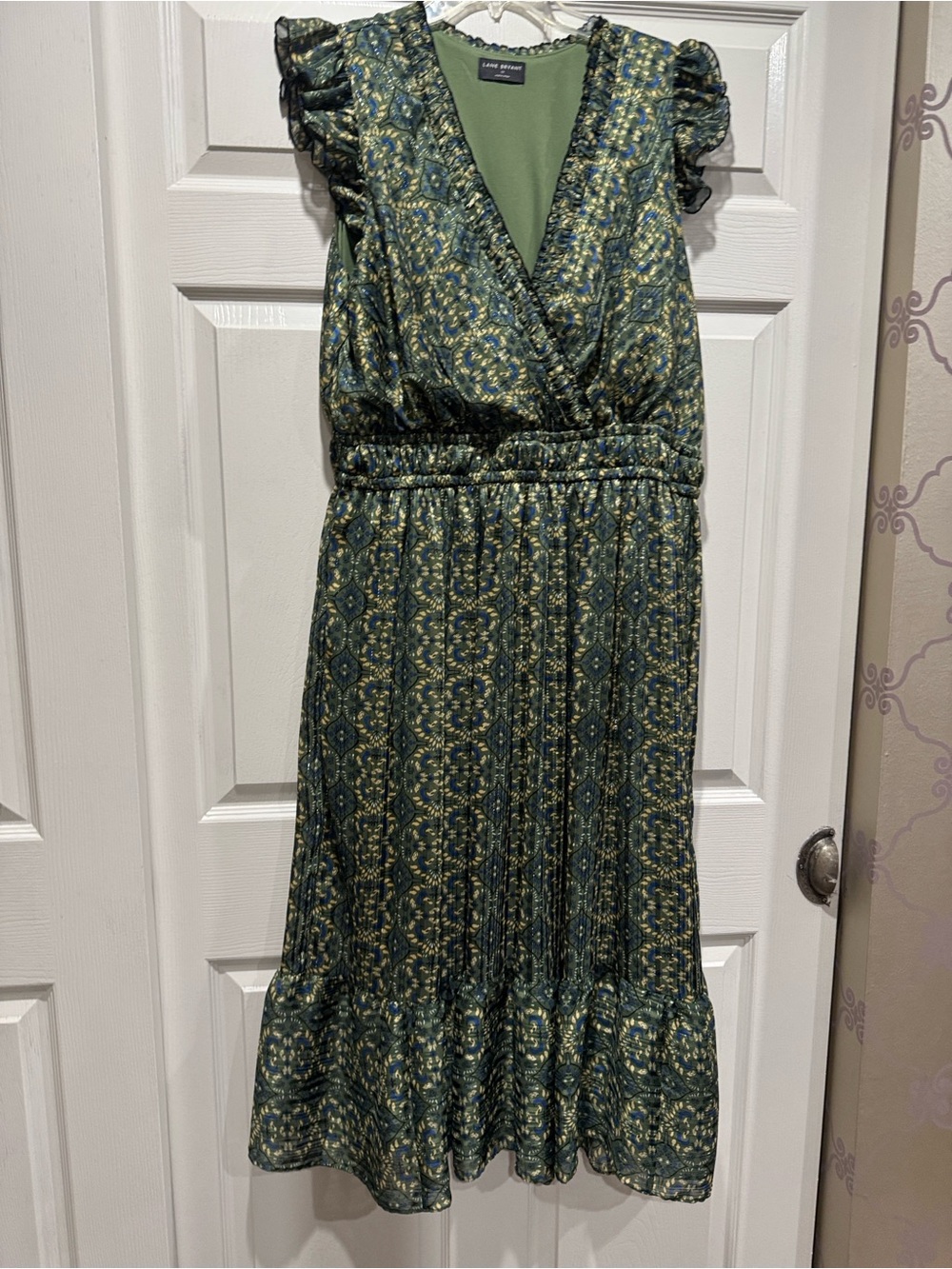 Lane Bryant Green Patterned V-Neck Ruffle Midi Dress
